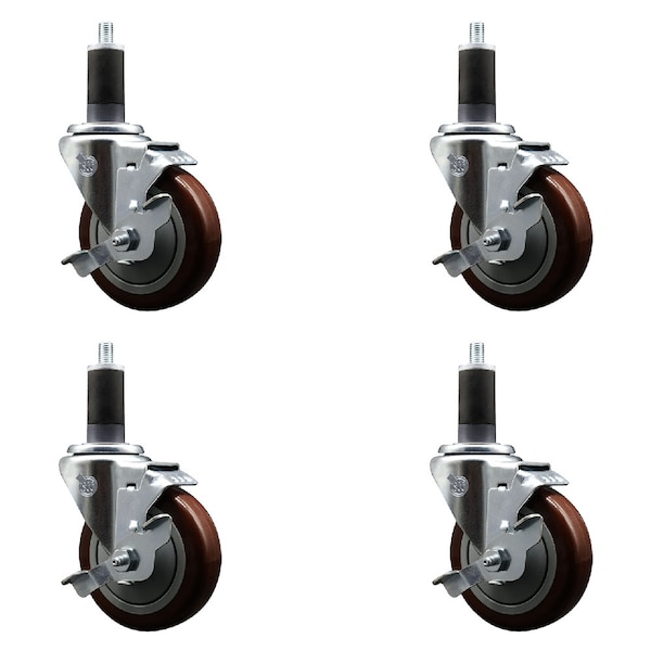 Service Caster 4'' SS Maroon Poly Swivel 1-1/4'' Expanding Stem Caster Set with Brake, 4PK SCC-SSEX20S414-PPUB-MRN-TLB-114-4 - main